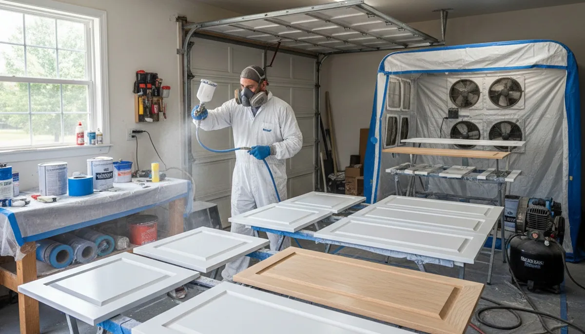 Professional cabinet painting process with smooth spray finish in Charlotte, NC kitchen
