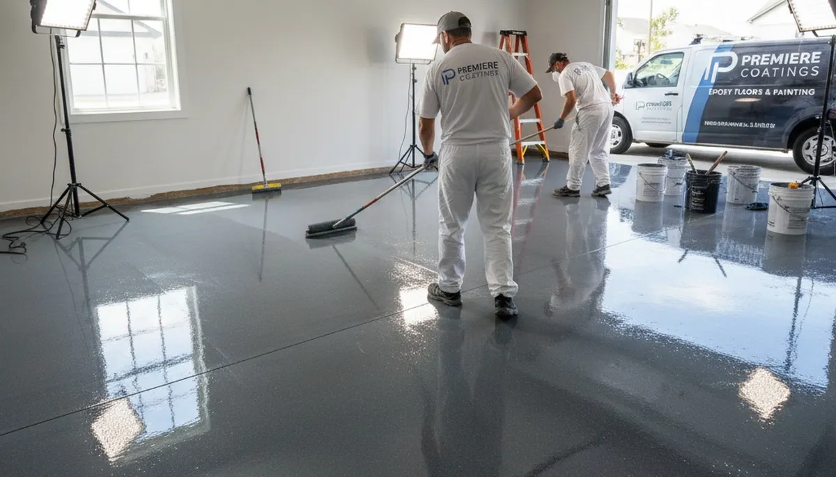 Professional epoxy floor coating application in Charlotte, NC garage by expert painting contractors