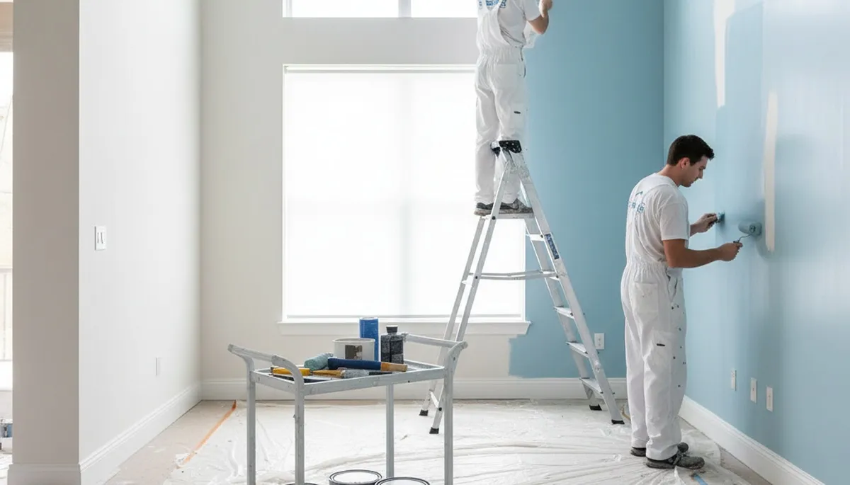 Professional interior house painters working on living room walls in Charlotte, NC