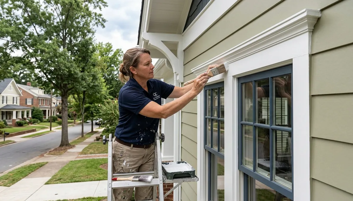 Professional painter applying durable exterior trim paint on home in Charlotte, NC for smooth finish